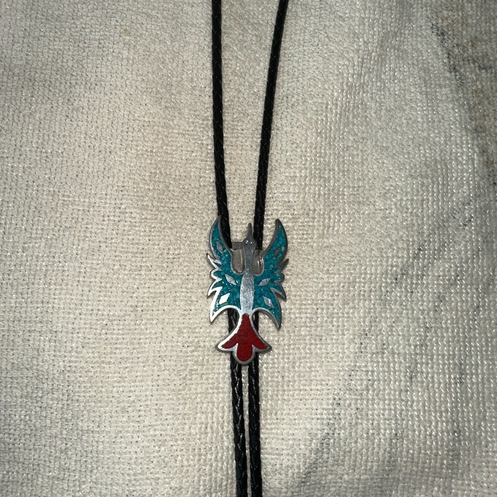 Unisex Turquoise and Red Bolo Tie with Silver Accent